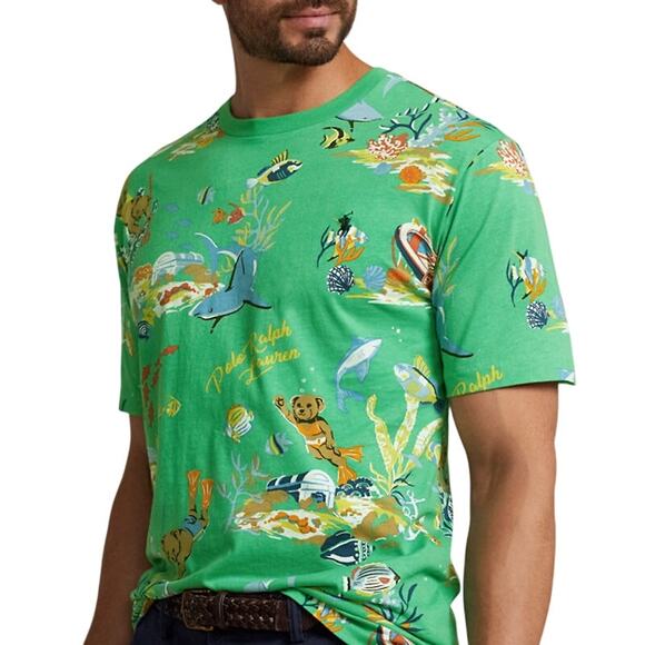 Polo Bear Jersey T Shirt  Green Vacation Ocean Ralph Lauren Classic Fit Crew M - Picture 1 of 7
